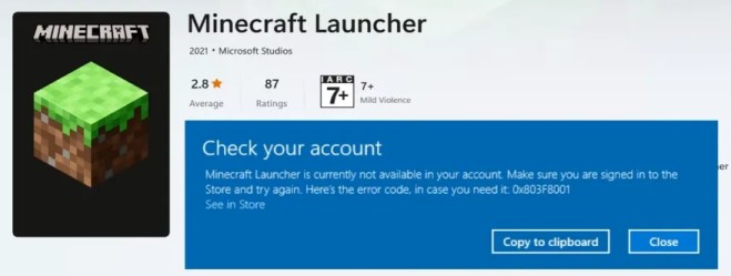 Minecraft Launcher no está disponible actualmente en su cuenta. Asegúrate de haber iniciado sesión en la Tienda e inténtalo de nuevo.