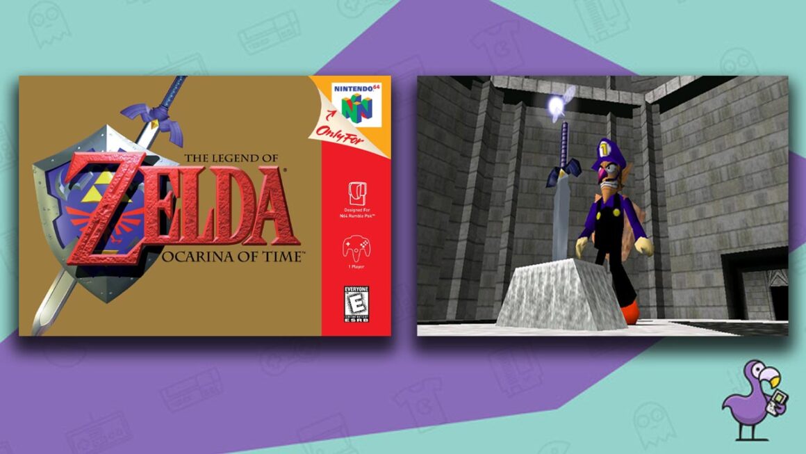 Los mejores N64 Rom Hacks - Mod Waluigi of Time que muestra a Waluigi parado frente a la Espada Maestra en el Templo del Tiempo