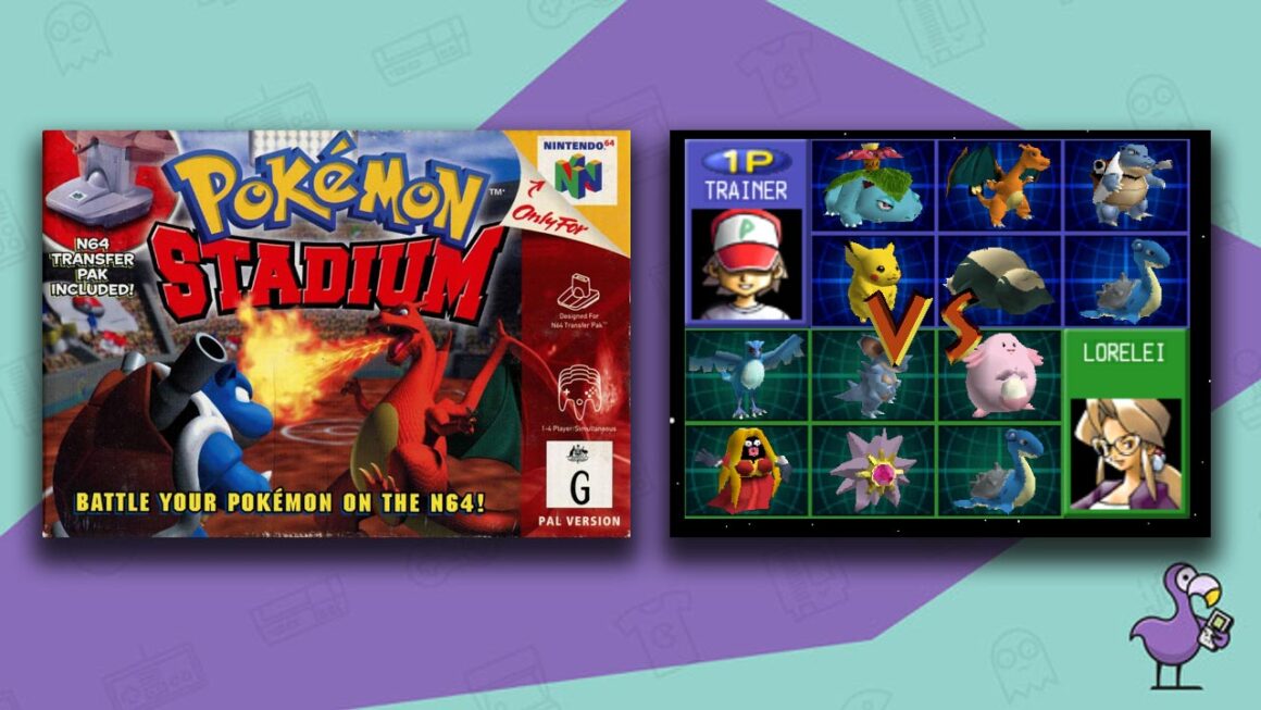 Los mejores N64 Rom Hacks - Pokemon Stadium Kaizo con el estuche del juego Pokemon Stadium y la pantalla de selección de Pokemon.