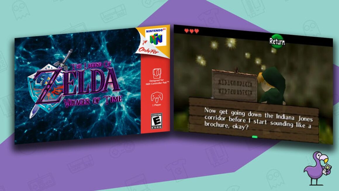 Los mejores N64 Rom Hacks - The Legend Of Zelda: Mod de juego Voyager of Time con estuche de juego personalizado e instrucciones de letrero modificadas