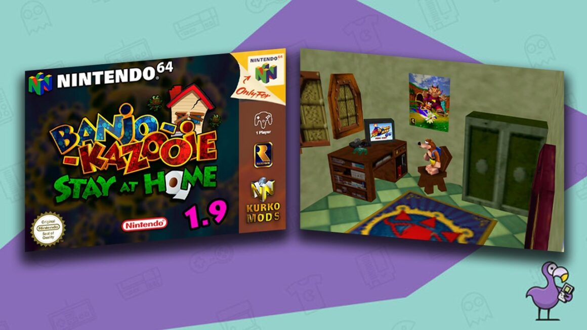 Los mejores N64 Rom Hacks - Banjo Kazooie: Estuche Mod Stay at Home Edition más jugabilidad que muestra a Banjo en su habitación. 