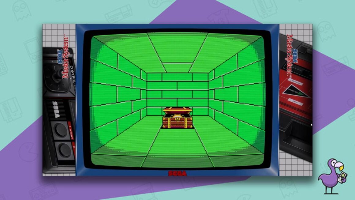 mejores emuladores de Sega Master System: juego de emulador RetroArch con superposición de Sega Master System que muestra una habitación libre con un cofre del tesoro.