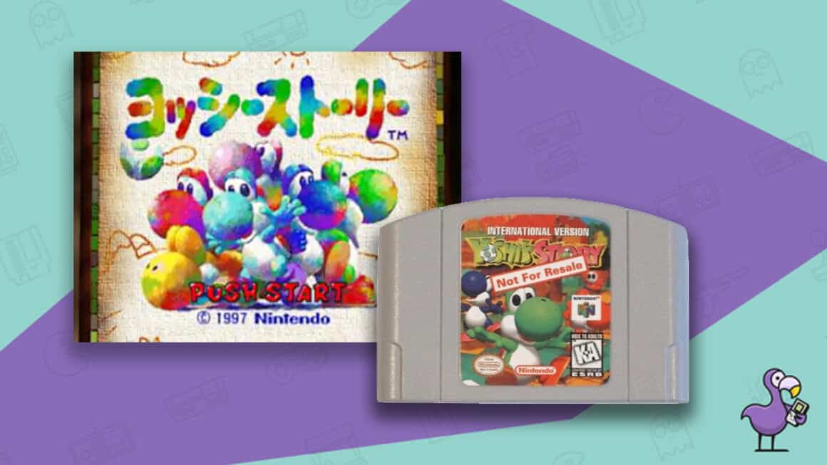 Juegos raros de N64 - Cartucho de juego de Yoshi's Story International Release y pantalla de inicio