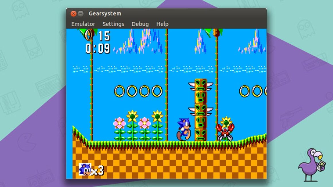 mejores emuladores de Sega Master System: jugabilidad del emulador GearSystem que muestra a Sonic