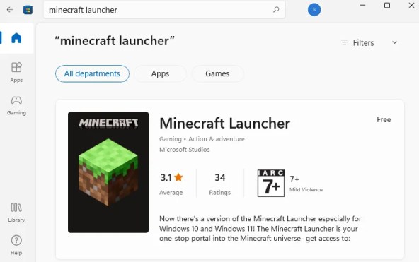 Lanzador de Minecraft en Microsoft Store
